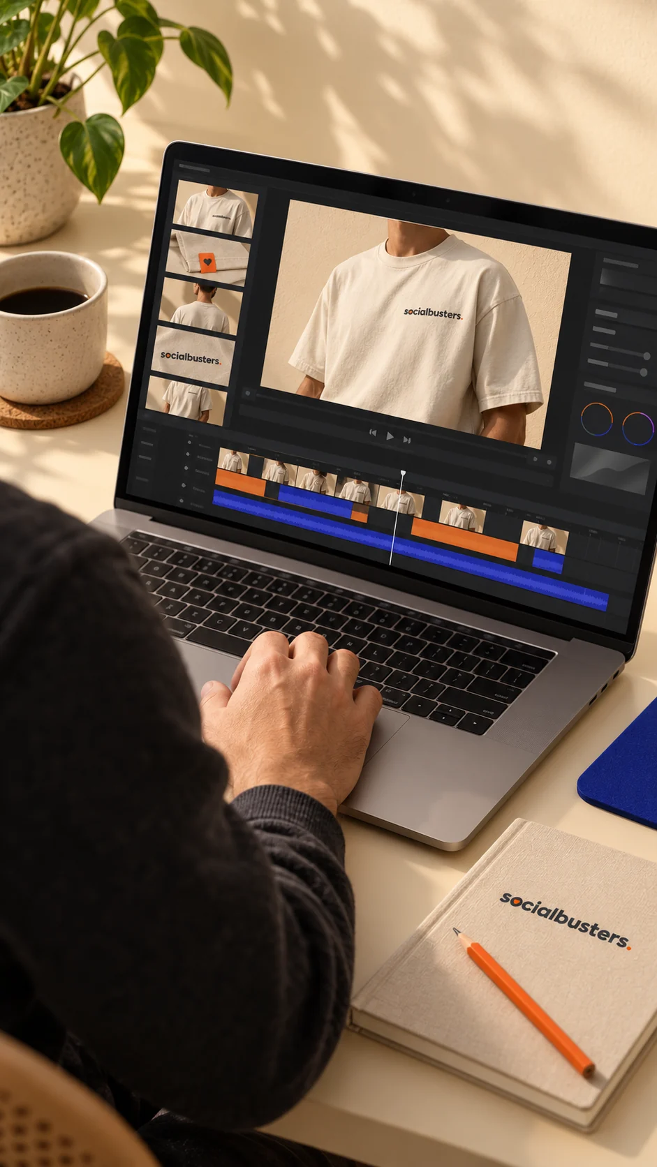 Video bewerken op een laptop: een tijdlijn met clips van een persoon in een Socialbusters-shirt